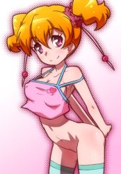 Rule 34 | 00s, 1girl, aqua thighhighs, arched back, armpits, arms behind back, bare shoulders, beads, blush, bottomless, breasts, camisole, cleavage, covered erect nipples, cowboy shot, crop top, fresh precure!, from side, gradient background, green thighhighs, hair ornament, hair ribbon, hair scrunchie, halftone, halterneck, heart, heart print, iruka-margarine, light smile, looking at viewer, momozono love, navel, no bra, orange hair, outline, own hands together, pink background, pink eyes, precure, ribbon, ryuuta (cure ryuuta), scrunchie, short hair, short twintails, sideboob, smile, solo, standing, taut clothes, thighhighs, twintails