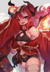 Rule 34 | 1girl, bandaged leg, bandages, belt pouch, black shorts, blue eyes, breasts, cleavage, dragon girl, dragon horns, dragon wings, fang, fire, goggles, goggles on head, highres, horns, jacket, long hair, looking at viewer, m0 chi, multicolored hair, navel, open mouth, phase connect, pointy ears, pouch, red hair, red jacket, saya sairroxs, short shorts, shorts, skin fang, skindentation, sleeves past fingers, sleeves past wrists, small breasts, smile, solo, streaked hair, virtual youtuber, white hair, wings