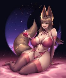 Rule 34 | 1girl, absurdres, alcohol, animal ears, ankh, ankh earrings, anubis (naidong), bed sheet, black sclera, blush, brown hair, brown thighhighs, city, cityscape, collarbone, colored sclera, crescent, cup, drinking glass, earrings, eyelashes, fangs, furry, furry female, garter belt, glint, gloves, gold, half gloves, highres, holding, holding cup, jewelry, lingerie, liquid, long eyelashes, long hair, naidong (artist), navel piercing, night, night sky, open mouth, original, panties, piercing, purple gloves, purple sky, red panties, red thighhighs, ribbon, shiny skin, sitting, skindentation, sky, smile, solo, tail, thighhighs, tongue, underwear, v-string, wine, wine glass, yellow eyes