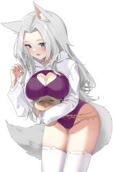 Rule 34 | 1girl, absurdres, animal, animal ear legwear, animal ears, blue eyes, breasts, cat ear legwear, claw pose, cleavage, cleavage cutout, clothing cutout, commission, cowboy shot, fox ears, fox girl, fox tail, hand up, heart cutout, highres, hood, hood down, large breasts, leotard, long hair, long sleeves, looking at viewer, open mouth, original, parted bangs, purple leotard, ribbed leotard, shrug (clothing), simple background, skindentation, smile, solo, standing, steeb, tail, thighhighs, thighs, white background, white hair, white thighhighs