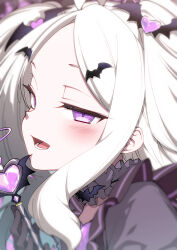 Rule 34 | 1girl, ahoge, bat hair ornament, black gloves, blue archive, blush, borrowed design, fang, gloves, hair ornament, heart, highres, hina (blue archive), hitotose rin, holding, holding wand, long hair, looking at viewer, open mouth, portrait, purple eyes, slit pupils, solo, wand, white hair