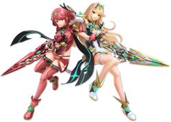 Rule 34 | 2girls, blonde hair, breasts, cleavage, cleavage cutout, clothing cutout, dual persona, female focus, full body, gem, hair ornament, headpiece, highres, jewelry, large breasts, long hair, looking at viewer, matching hair/eyes, multiple girls, mythra (xenoblade), nintendo, official art, pyra (xenoblade), red eyes, red hair, short hair, super smash bros., sword, third-party edit, tiara, uncensored, weapon, xenoblade chronicles (series), xenoblade chronicles 2, yellow eyes