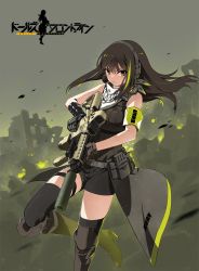 Rule 34 | 1girl, acog, armband, assault rifle, asymmetrical gloves, belt buckle, belt pouch, boots, brown hair, buckle, commentary request, copyright name, cover, cover page, girls&#039; frontline, gloves, green eyes, gun, high heel boots, high heels, highres, laser sight, long hair, m4 carbine, m4a1 (girls&#039; frontline), magazine (weapon), manga cover, miharu (cgsky), official art, pouch, rifle, solo, suppressor, thighhighs, uneven gloves, vertical forward grip, weapon