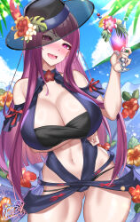 Rule 34 | 1girl, :d, absurdres, bandeau, bare shoulders, black hat, blue sky, blush, breasts, cleavage, cloud, commentary, cowboy shot, cup, day, drinking glass, female focus, fire emblem, fire emblem engage, fire emblem heroes, flower, gluteal fold, hand up, hat, hat flower, head tilt, hibiscus, highres, holding, holding cup, ivy (fire emblem), large breasts, looking at viewer, matching hair/eyes, mole, mole under mouth, navel, nez-box, nintendo, nose blush, official alternate costume, open mouth, orange flower, pink flower, purple eyes, purple hair, red flower, signature, sky, smile, solo, standing, stomach, thighs, tropical drink