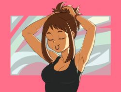 Rule 34 | 1girl, adjusting hair, armpits, arms up, bare shoulders, boku no hero academia, bracelet, breasts, brown eyes, brown hair, casual, cleavage, closed eyes, closed mouth, collarbone, commentary, hair bun, hair tie, hair tie in mouth, jewelry, lips, medium breasts, mouth hold, nose, parody, ponytail, shirt, short hair, short ponytail, sidelocks, single hair bun, sleeveless, smile, solo, suoiresnu, tank top, tying hair, upper body, uraraka ochako