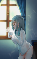 Rule 34 | 10s, 1girl, blowing, blurry, blush, buttons, collared shirt, comah, cup, curtains, depth of field, dress shirt, from side, green hair, green panties, holding, holding cup, kantai collection, kasumi (kancolle), long hair, long sleeves, no pants, panties, shirt, sleeves past wrists, solo, steam, underwear, white shirt, window, wing collar