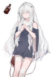 Rule 34 | 1girl, absurdres, bandaged leg, bandaged neck, bandages, bare shoulders, blood, blood bag, blush, bottle, closed mouth, commentary, dated commentary, dress, english commentary, girls&#039; frontline, grey dress, grey eyes, grey hair, hair between eyes, highres, intravenous drip, long hair, looking at viewer, own hands together, rampart1028, ribeyrolles (girls&#039; frontline), short dress, sidelocks, simple background, solo, translation request, very long hair, wavy hair, white background