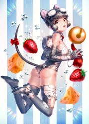 Rule 34 | 1girl, :o, animal ears, ass, bad id, bad pixiv id, bare shoulders, bell, blunt bangs, bodysuit, boots, bow, breasts, brown eyes, bubble, cheese, elbow gloves, food, from side, fruit, full body, gem, gloves, goggles, goggles on head, gradient background, grey gloves, grey hair, grey thighhighs, halftone, halftone background, halterneck, jingle bell, jumping, kfr, leotard, looking at viewer, looking back, mouse ears, mouse tail, open mouth, original, red bow, science fiction, short hair, solo, sparkle, strawberry, striped, striped background, tail, tail bow, tail ornament, tassel, thigh boots, thighhighs, turtleneck, water drop