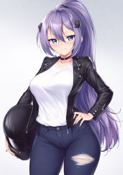 Rule 34 | 1girl, alternate costume, alternate hairstyle, azur lane, black choker, black jacket, blue eyes, blush, breasts, choker, closed mouth, collarbone, commentary, commission, cowboy shot, denim, hair between eyes, hair ornament, hand on own hip, helmet, highres, holding, holding helmet, intrepid (azur lane), ivenglynn, jacket, jeans, jewelry, large breasts, leather, leather jacket, long hair, long sleeves, looking at viewer, motorcycle helmet, open clothes, open jacket, painttool sai (medium), pants, ponytail, purple hair, ring, shirt, shirt tucked in, sidelocks, simple background, smile, solo, standing, t-shirt, torn clothes, torn pants, very long hair, wedding band, white background, white hair, zipper, zipper pull tab