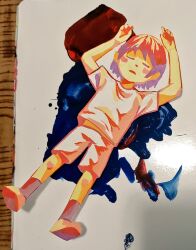 1boy arms_up closed_eyes commentary facing_viewer from_above full_body lying male_focus momoe_(mme_daigaku) on_back original paint paper_child parted_lips shirt shoes short_hair short_sleeves shorts socks solo t-shirt traditional_media white_shirt white_shorts