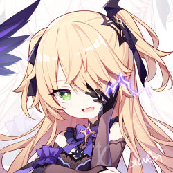 Rule 34 | 1girl, :d, black gloves, blonde hair, bow, bowtie, chuunibyou, detached sleeves, electricity, eyepatch, fang, fischl (genshin impact), genshin impact, gloves, green eyes, hair over one eye, hair ribbon, hand up, long hair, looking at viewer, open mouth, portrait, quan (kurisu tina), ribbon, single glove, smile, solo, two side up