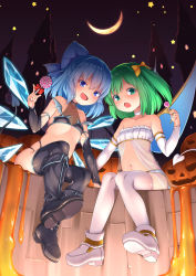 Rule 34 | 2girls, alternate costume, bare shoulders, black bra, black footwear, black gloves, black legwear, black panties, blue bow, blue eyes, blue hair, boots, bow, bra, candy, cirno, collarbone, commentary, commission, crescent, daiyousei, demon tail, elbow gloves, flat chest, food, gloves, green eyes, green hair, hair between eyes, hair bow, halloween, highres, holding, holding food, ice, ice wings, jack-o&#039;-lantern, lollipop, long hair, looking at viewer, medium hair, multiple girls, navel, night, night sky, one side up, open mouth, outdoors, panties, see-through, shoes, sitting, sky, smile, tail, thighhighs, touhou, underwear, white footwear, white gloves, white legwear, white panties, wings, yaosera, yellow bow