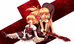 Rule 34 | 1girl, blonde hair, breasts, dual persona, ex-rumia, frilled skirt, frills, gradient background, hair ribbon, leaning forward, looking at viewer, masakaze ryou, necktie, open mouth, red eyes, ribbon, rumia, skirt, smile, sword, touhou, weapon