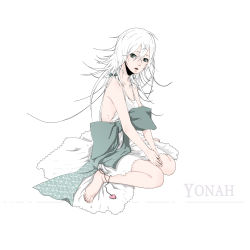 Rule 34 | 1girl, barefoot, breasts, dress, highres, long hair, looking at viewer, miyako (anicon), nier, nier (series), open mouth, simple background, sitting, solo, transparent background, white background, white dress, white hair, yonah