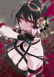 Rule 34 | 1girl, black dress, black hair, blood, blood on face, blood splatter, bloody weapon, breasts, cleavage, dagger, dress, earrings, fingerless gloves, flower, gloves, gold earrings, gold hairband, hair flower, hair ornament, hair stick, hairband, highres, holding, holding dagger, holding knife, holding weapon, jewelry, knife, medium breasts, needle, pochi (pochi-goya), red eyes, rose, solo focus, spy x family, weapon, yor briar