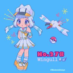 Rule 34 | 1girl, anchor, aqua background, arm behind back, ascot, belt, blush, character name, creatures (company), english text, finger to cheek, full body, game freak, gen 3 pokemon, hat, highres, long hair, moemon, narumame, neckerchief, nintendo, open mouth, personification, poke ball, poke ball (basic), pokedex number, pokemon, pokemon (creature), sailor collar, shoes, simple background, standing, twintails, twitter username, white belt, white hair, white hat, wings, wingull, yellow footwear, yellow neckerchief