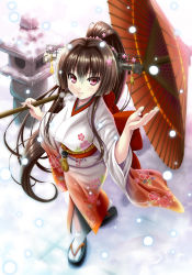 Rule 34 | 10s, 1girl, breasts, brown hair, flower, hair flower, hair ornament, japanese clothes, kantai collection, kimono, large breasts, long hair, looking at viewer, md5 mismatch, noritama (gozen), oil-paper umbrella, personification, ponytail, red eyes, smile, snowing, solo, umbrella, yamato (kancolle)