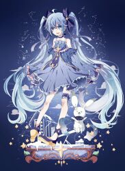 Rule 34 | 1girl, :d, absurdres, azure-aoi-, bare shoulders, blue dress, blue eyes, blue hair, blue scarf, commentary request, constellation, detached sleeves, dress, fingerless gloves, frilled dress, frills, full body, gloves, hair ribbon, hatsune miku, highres, long hair, long sleeves, looking at viewer, open mouth, purple footwear, purple gloves, purple ribbon, rabbit, ribbon, scarf, sky, smile, snow globe, solo, star (sky), star (symbol), starry sky, teeth, twintails, upper teeth only, very long hair, vocaloid