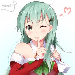 Rule 34 | 10s, 1girl, ;), ascot, bare shoulders, carrying, christmas, christmas tree hair ornament, detached sleeves, dress, finger to mouth, green eyes, green hair, hair ornament, index finger raised, kantai collection, long hair, looking at viewer, nahaki, off-shoulder dress, off shoulder, one eye closed, red dress, sack, signature, sin-poi, smile, solo, suzuya (kancolle)