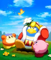 Rule 34 | aruco co, bandana, bandana waddle dee, blue sky, blush stickers, bug, butterfly, butterfly wings, cloud, commentary, flower, grass, highres, insect, insect wings, king dedede, kirby, kirby (series), looking up, nintendo, no humans, open mouth, sky, smile, solid oval eyes, symbol-only commentary, white flower, wings, yellow flower