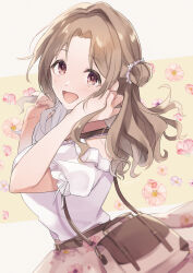 Rule 34 | 1girl, bag, bare shoulders, belt, blurry, blush, breasts, brown belt, brown eyes, brown hair, depth of field, dot nose, floral background, floral print, flower, from side, hair bun, hair flower, hair ornament, hands up, ichikawa hinana, idolmaster, idolmaster shiny colors, large breasts, long hair, looking at viewer, off-shoulder blouse, off-shoulder shirt, off shoulder, open mouth, parted bangs, pink flower, pink skirt, print skirt, sen (senchaaa), shirt, short sleeves, shoulder bag, single hair bun, single side bun, skirt, smile, solo, white shirt, yellow background