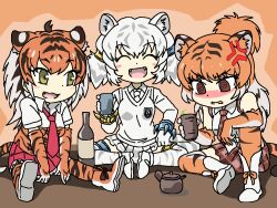 Rule 34 | 3girls, @ @, ^ ^, anger vein, animal ear fluff, animal ears, animal print, bare shoulders, black hair, blush, boots, bottle, bracelet, brown eyes, butterfly sitting, byakko (kemono friends), chibi, closed eyes, collared shirt, colored inner hair, cup, drunk, elbow gloves, extra ears, fang, gloves, green eyes, grey hair, hair bun, hand up, holding, holding cup, jewelry, kemono friends, knee up, long hair, long sleeves, looking at another, looking down, medium hair, miniskirt, multicolored hair, multiple girls, necktie, nose blush, open mouth, orange hair, outstretched legs, parted lips, plaid, plaid necktie, plaid skirt, print gloves, print skirt, print thighhighs, shirt, shoes, short sleeves, short twintails, single hair bun, sitting, skirt, sleeveless, sleeveless shirt, smile, south china tiger (kemono friends), spread legs, srd (srdsrd01), sumatran tiger (kemono friends), sweater vest, tail, thighhighs, thighlet, tiger ears, tiger girl, tiger print, tiger tail, twintails, v-shaped eyebrows, white hair, wing collar, zettai ryouiki