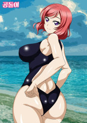 Rule 34 | 1girl, artist name, artist request, bare shoulders, beach, black one-piece swimsuit, blue sky, blush, breasts, cloud, day, female focus, from behind, hair between eyes, large breasts, looking at viewer, looking back, love live!, love live! school idol project, nishikino maki, ocean, one-piece swimsuit, outdoors, purple eyes, red hair, short hair, sideboob, sky, solo, swimsuit