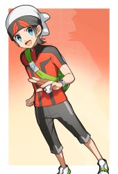 Rule 34 | 1boy, :d, absurdres, bad id, bad pixiv id, beanie, blue eyes, border, bracelet, brendan (pokemon), brown hair, capri pants, clenched hand, commentary, creatures (company), game freak, green bag, hat, highres, holding, holding poke ball, jewelry, male focus, nintendo, open mouth, outside border, pants, poke ball, poke ball (basic), pokemon, pokemon oras, shoes, short sleeves, smile, solo, white border, white hat, yuihico, zipper pull tab