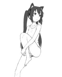 Rule 34 | 1girl, animal ears, barefoot, black hair, cat ears, cat girl, feet, female focus, greyscale, hugging own legs, k-on!, long hair, minazuki tsuyuha, monochrome, nakano azusa, one-piece swimsuit, school swimsuit, simple background, sitting, solo, swimsuit, twintails, white background