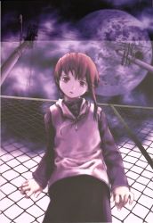 Rule 34 | 1990s (style), 1girl, abe yoshitoshi, absurdres, artbook, brown eyes, brown hair, chain-link fence, cloud, fence, from below, head tilt, highres, hood, hoodie, iwakura lain, lamppost, looking down, moon, official art, power lines, purple theme, retro artstyle, scan, serial experiments lain, short hair, skirt, sky, solo, utility pole