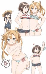 Rule 34 | &gt;:/, &gt;:d, 10s, 3girls, :/, :d, ^ ^, abukuma (kancolle), anger vein, arm up, asymmetrical docking, bad id, bad twitter id, bikini, bikini top only, black eyes, black hair, blue bikini, blue shirt, blue skirt, blush, bow, breast press, breasts, brown eyes, brown hair, clenched hands, closed eyes, closed mouth, clothes theft, collarbone, comic, covering breasts, covering privates, embarrassed, eyebrows, female focus, flying sweatdrops, frilled bikini, frills, hair between eyes, hand on own hip, hat, head tilt, heart, highres, holding, holding bikini, holding bikini top, holding clothes, holding swimsuit, kantai collection, long hair, looking at another, medium breasts, multiple girls, murakami meishi, navel, nose blush, one-piece swimsuit, open mouth, own hands together, pleated skirt, polka dot, polka dot swimsuit, red bow, sandals, sendai (kancolle), shirt, short hair, short shorts, shorts, skirt, smile, spoken anger vein, standing, straw hat, striped bikini, striped bikini top, striped clothes, sweatdrop, swimsuit, tank top, tears, theft, topless, two side up, unworn bikini top, ushio (kancolle), v-shaped eyebrows, white background