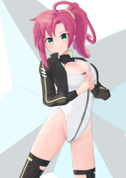 Rule 34 | 1girl, ahoge, alice gear aegis, ass, black jacket, black thighhighs, boots, breasts, circle cutout, cleavage, cleavage cutout, closed mouth, clothing cutout, collared jacket, companion/af, covered collarbone, cowboy shot, cropped jacket, dot nose, eyebrows hidden by hair, front zipper, full-length zipper, green eyes, groin, head tilt, heattech leotard, highleg, highleg leotard, highres, huge ahoge, jacket, kaeruzaka raiya, legs apart, leotard, long hair, looking at viewer, medium breasts, okra (osakimakkura33), ponytail, race queen, red hair, side ponytail, skindentation, sleeveless turtleneck leotard, smile, solo, standing, tareme, thigh boots, thighhighs, two-tone leotard, white leotard, zipper, zipper leotard, zipper pull tab