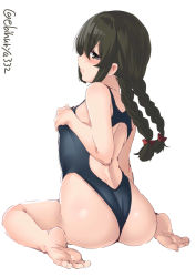Rule 34 | 1girl, ass, back, bad anatomy, bad perspective, barefoot, black eyes, black hair, black one-piece swimsuit, blush, braid, ebifurya, hair between eyes, hair ribbon, highres, isonami (kancolle), kantai collection, long hair, one-piece swimsuit, red ribbon, ribbon, simple background, solo, swimsuit, toes, twin braids, twintails, twitter username, white background