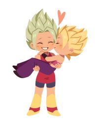 Rule 34 | absurdres, carrying, caulifla, dragon ball, dragon ball super, full body, highres, kale (dragon ball), kiss, kissing cheek, pockicchi, princess carry, simple background, spiked hair, standing, super saiyan, super saiyan 2, white background, yuri