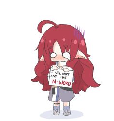 Rule 34 | 1girl, ahoge, arknights, blush, ear piercing, english text, full body, grey footwear, grey shorts, grey socks, holding, holding sign, kurotofu, long hair, long sleeves, myrtle (arknights), nose blush, o o, parted bangs, piercing, pointy ears, red hair, shadow, shoes, short eyebrows, shorts, sign, socks, solo, standing, teardrop, thick eyebrows, very long hair, white background