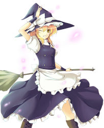 Rule 34 | 1girl, aito (indigorabbit), blonde hair, boots, braid, broom, female focus, hat, highres, kirisame marisa, knee boots, solo, touhou, wink, witch, witch hat, yellow eyes