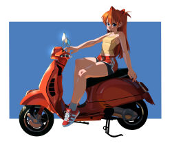 Rule 34 | 1girl, artist request, bare legs, blue background, blue eyes, breasts, brown hair, full body, highres, legs, long hair, looking at viewer, motor vehicle, navel, neon genesis evangelion, open mouth, shirt, shoes, short shorts, shorts, sitting, sneakers, solo, souryuu asuka langley, thighs, two side up, wide hips, yellow shirt