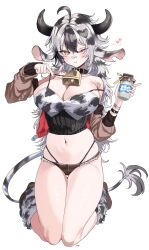 Rule 34 | 1girl, absurdres, ahoge, animal collar, animal ears, animal print, bandaid, bandaid on face, bandaid on nose, bare shoulders, bell, bikini, blush, breasts, cleavage, collar, collarbone, cow ears, cow horns, cow print, cow print bikini, cow tail, cowbell, cropped jacket, double-parted bangs, full body, hair between eyes, heart, highleg, highleg panties, highres, horns, kneeling, large breasts, long hair, looking at viewer, messy hair, micro shorts, milk, multicolored hair, navel, neck bell, ohw8g, one eye closed, original, panties, parted lips, print bikini, print socks, shorts, simple background, skindentation, socks, solo, spoken heart, strap pull, swimsuit, tail, thigh gap, two-tone hair, underbust, underwear, virtual youtuber, white background, yellow eyes