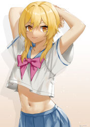 Rule 34 | 1girl, arms up, blonde hair, blue skirt, bow, commentary request, crop top, crop top overhang, genshin impact, gradient background, grey background, highres, linreplica, long hair, looking at viewer, lumine (genshin impact), midriff, navel, pink bow, pleated skirt, sailor collar, sailor shirt, school uniform, serafuku, shirt, skirt, smile, solo, stomach, upper body, white background, white shirt, yellow eyes