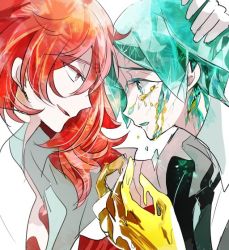 Rule 34 | 2others, androgynous, colored eyelashes, crack, crying, crying with eyes open, face-to-face, forehead-to-forehead, gem uniform (houseki no kuni), golden arms, green eyes, green hair, hand on another&#039;s head, heads together, houseki no kuni, long hair, looking at another, multiple others, necktie, open clothes, open shirt, padparadscha (houseki no kuni), phosphophyllite, red eyes, red hair, shirt, short hair, shumiko (kamenokoueki), tears