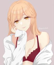 Rule 34 | 1girl, artist name, blonde hair, bra, bra strap, breasts, girls&#039; frontline, hand on head, lips, long hair, looking at viewer, open clothes, open shirt, ots-14 (girls&#039; frontline), red bra, shirt, simple background, smile, solo focus, sui (camellia), underwear, white shirt, yellow eyes