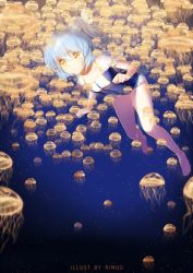 Rule 34 | 1girl, :o, anklet, artist name, bare legs, barefoot, bent over, bioluminescence, bloom, blue hair, blurry, blurry background, blurry foreground, bracelet, clenched hands, commentary, depth of field, frilled swimsuit, frills, full body, glowing, gradient background, hair tie, highres, jellyfish, jewelry, necklace, one-piece swimsuit, original, rimuu, short hair, side ponytail, solo, swimsuit, yellow eyes