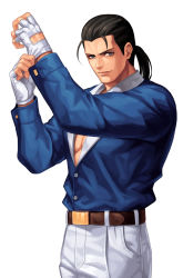 Rule 34 | 1boy, adjusting clothes, adjusting gloves, belt, black hair, blue eyes, blue shirt, brown belt, buttons, closed mouth, collared shirt, commentary request, evilgun, fingerless gloves, fingernails, gloves, hands up, highres, lips, long hair, long sleeves, looking at viewer, pectoral cleavage, male focus, pants, pectorals, ponytail, robert garcia, ryuuko no ken, shirt, shirt tucked in, simple background, smile, solo, standing, the king of fighters, the king of fighters &#039;97, white background, white gloves, white pants