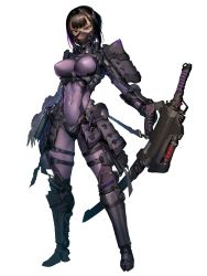 Rule 34 | 1girl, armor, belt, black hair, black mask, bodysuit, chain paradox, covered navel, full body, hetza (hellshock), holding, holding weapon, looking at viewer, mask, medium hair, mouth mask, purple bodysuit, purple eyes, science fiction, sheath, sheathed, solo, standing, sword, tight clothes, transparent background, weapon