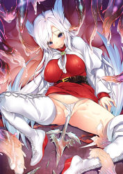 Rule 34 | 1girl, aty, aty (summon night), belt, blush, boots, breasts, buckle, censored, clothing aside, covered erect nipples, highres, hinasaki you, large breasts, long hair, object insertion, open mouth, panties, panties aside, purple eyes, pussy, ribbed sweater, solo, summon night, summon night 3, sweater, tentacles, thigh boots, thighhighs, underwear, white footwear, white hair, white panties, white thighhighs