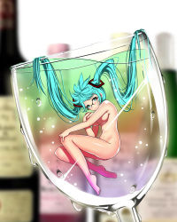 Rule 34 | 1girl, alcohol, aqua eyes, aqua hair, bad id, bad pixiv id, barefoot, bespectacled, breasts, champagne, cup, drinking glass, floating hair, glasses, hatsune miku, in container, in cup, large breasts, long hair, looking at viewer, md5 mismatch, mini person, minigirl, nude, ratio (ratio-d), solo, submerged, twintails, very long hair, vocaloid, wine glass