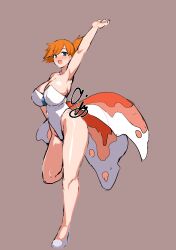 Rule 34 | 1girl, 9is, absurdres, bare legs, blue eyes, breasts, cleavage, commentary request, cosplay, creatures (company), curvy, fins, fish tail, full body, game freak, gen 1 pokemon, goldeen, goldeen (cosplay), grey background, highleg, highleg leotard, highres, large breasts, leotard, misty (pokemon), nintendo, orange hair, pokemon, pokemon (anime), pokemon (classic anime), pokemon ep043, shiny skin, short hair, side ponytail, simple background, solo, spiked hair, strapless, strapless leotard, tail, white footwear, white leotard, wide hips