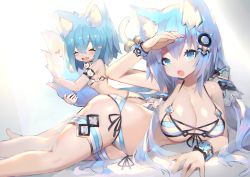 Rule 34 | 2girls, animal ear fluff, animal ears, armlet, bikini, blue eyes, blue hair, bracelet, breasts, cat ears, cat tail, cleavage, closed eyes, fox ears, fox tail, headgear, hugging another&#039;s tail, jewelry, large breasts, long hair, looking at viewer, lying, mamuru, multiple girls, multiple tails, on side, open mouth, original, simple background, small breasts, smile, swimsuit, tail, hugging tail, thigh strap, white background