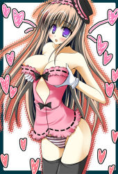Rule 34 | 1girl, arin, bare shoulders, blue eyes, blush, breast lift, breasts, brown hair, gloves, hat, large breasts, lolita fashion, long hair, midriff, nipple slip, nipples, open mouth, pangya, panties, purple eyes, ribbon, socks, solo, striped clothes, striped panties, thighhighs, underwear