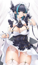 Rule 34 | 1girl, :3, absurdres, animal ears, apron, aqua eyes, azur lane, black hair, blue ribbon, blunt bangs, blush, breasts, buki nankou, cat ears, cheshire (azur lane), cleavage, cleavage cutout, clothes lift, clothing cutout, commentary, cowboy shot, curtains, detached sleeves, dress, dress lift, earrings, fang, frilled hairband, frilled headband, frilled ribbon, frills, garter belt, gluteal fold, groin, hair intakes, hairband, highres, jewelry, large breasts, lifting own clothes, looking at viewer, maid, maid headdress, multicolored hair, neck ribbon, panties, pantyshot, paw pose, puffy detached sleeves, puffy sleeves, purple apron, ribbon, sidelocks, skin fang, skindentation, smile, solo, standing, streaked hair, thighhighs, underwear, white panties, white thighhighs, wrist cuffs, zettai ryouiki